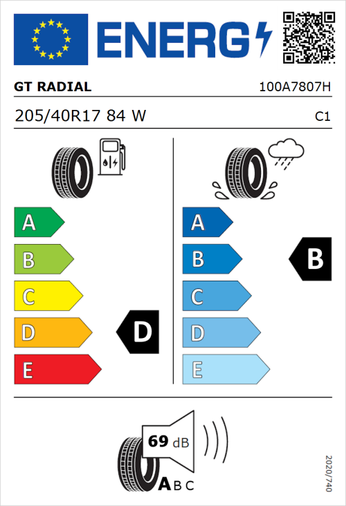 Tyre Label for GT Radial SportActive 2 205/40R17 84W