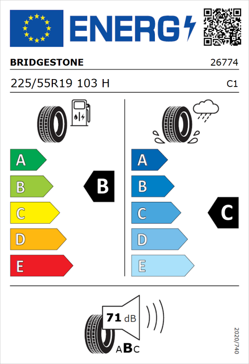 Tyre Label for Bridgestone Turanza T005 225/55R19 103H
