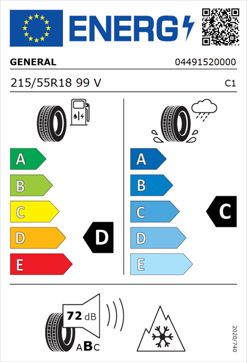 Tyre Label for General Snow Grabber Plus 215/55R18 99V