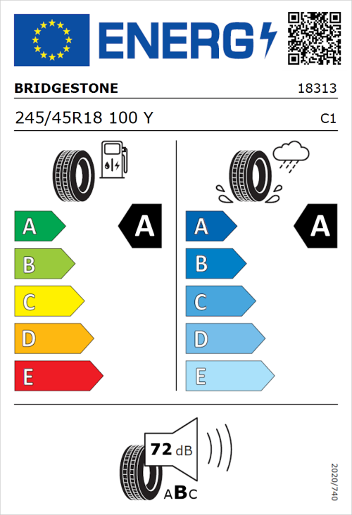 Tyre Label for Bridgestone Turanza T005 245/45R18 100Y
