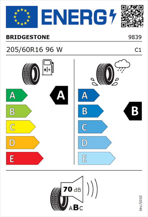 Tyre Label for Bridgestone Turanza T005 205/60R16 96W