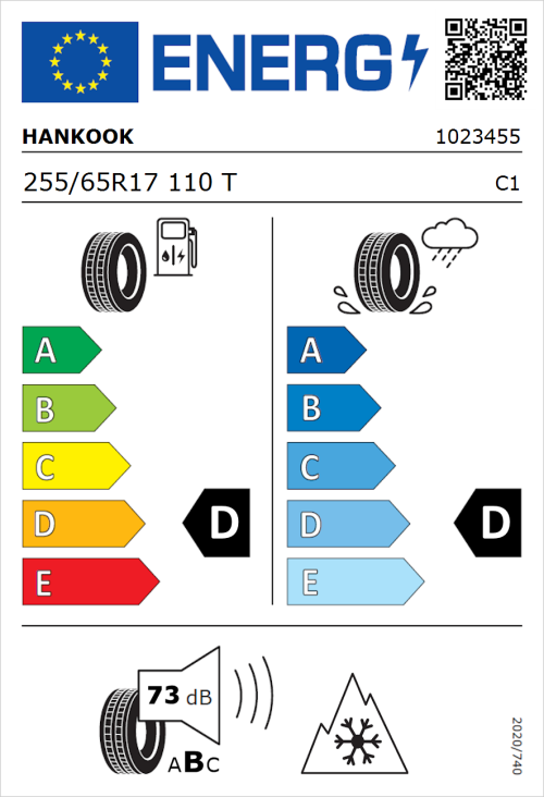 Tyre Label for Hankook Dynapro AT2 (RF11) 255/65R17 110T