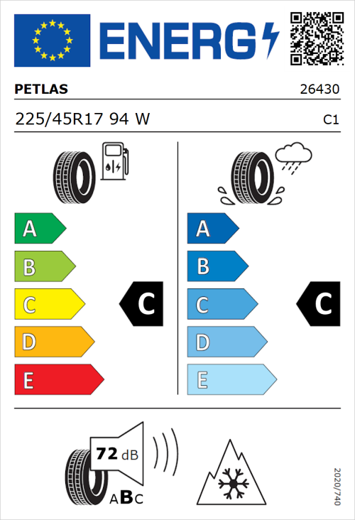 Tyre Label for Petlas Multi Action PT565 225/45R17 94W