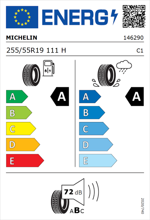 Tyre Label for Michelin e.primacy 255/55R19 111H