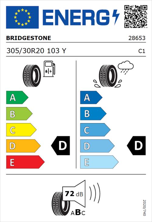 Tyre Label for Bridgestone Potenza Race 305/30R20 103Y