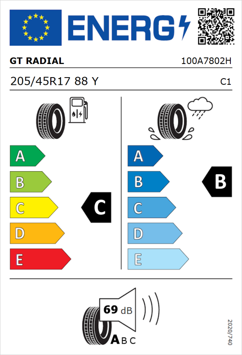 Tyre Label for GT Radial SportActive 2 205/45R17 88Y