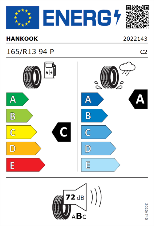 Tyre Label for Hankook Vantra Transit (RA58) 165/R13 94P