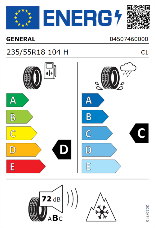 Tyre Label for General Snow Grabber Plus 235/55R18 104H